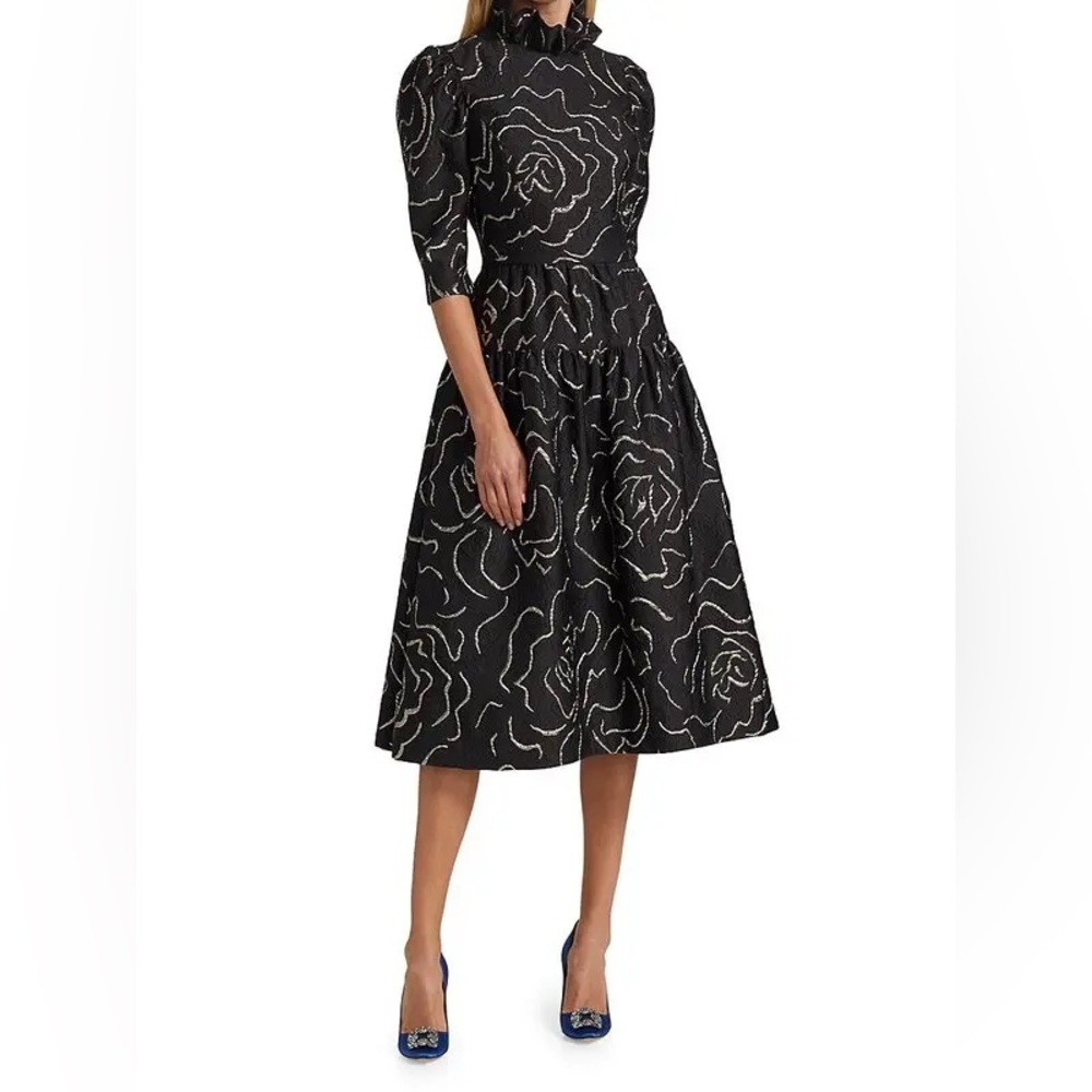 Rickie Freeman for Teri Jon Black and Gold Puff Sleeve Midi Dress